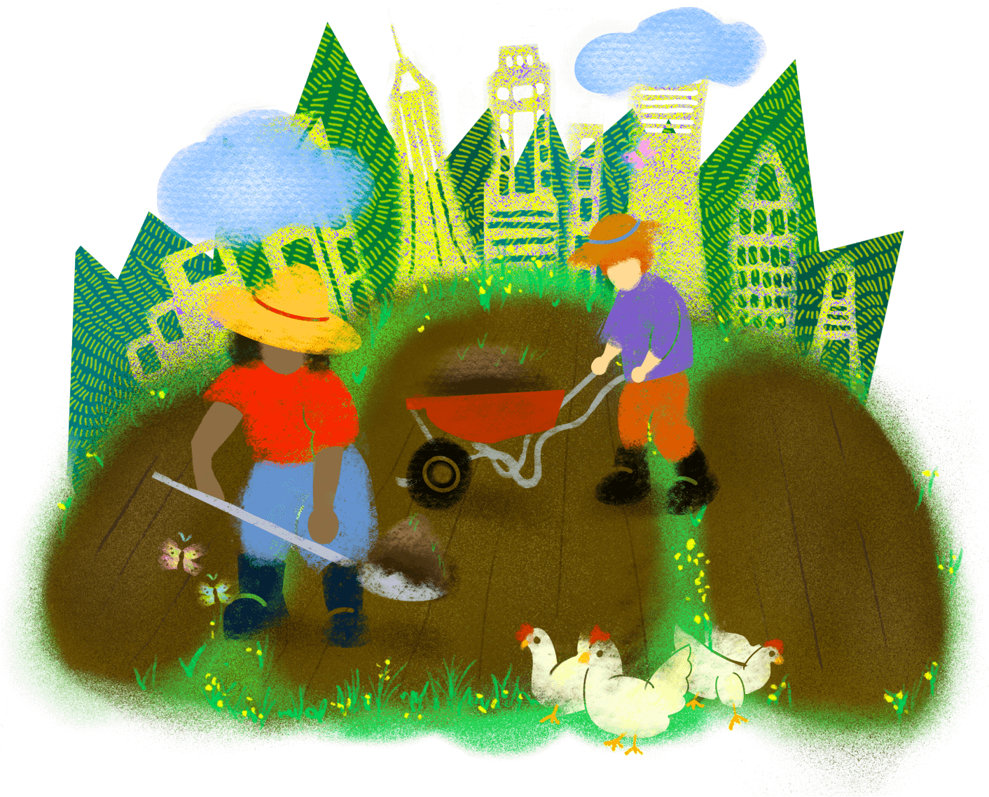 Gardeners cultivating the soil with cityscape in the background