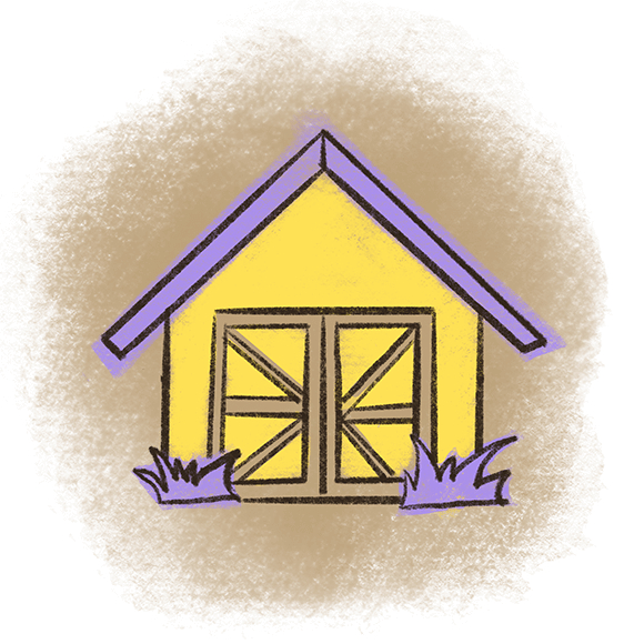 Image of a simple yellow barn with purple roof and double doors, placed in a rustic setting with tufts of grass around it.