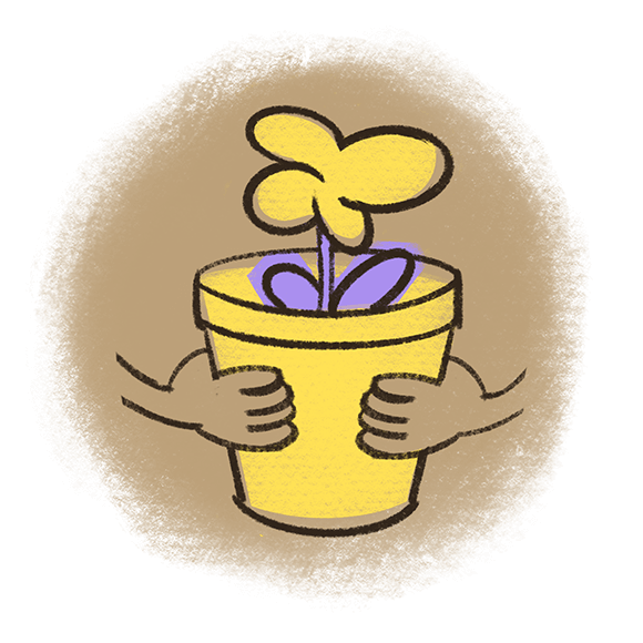 Image of two hands holding a yellow pot with a purple plant sprouting from it.