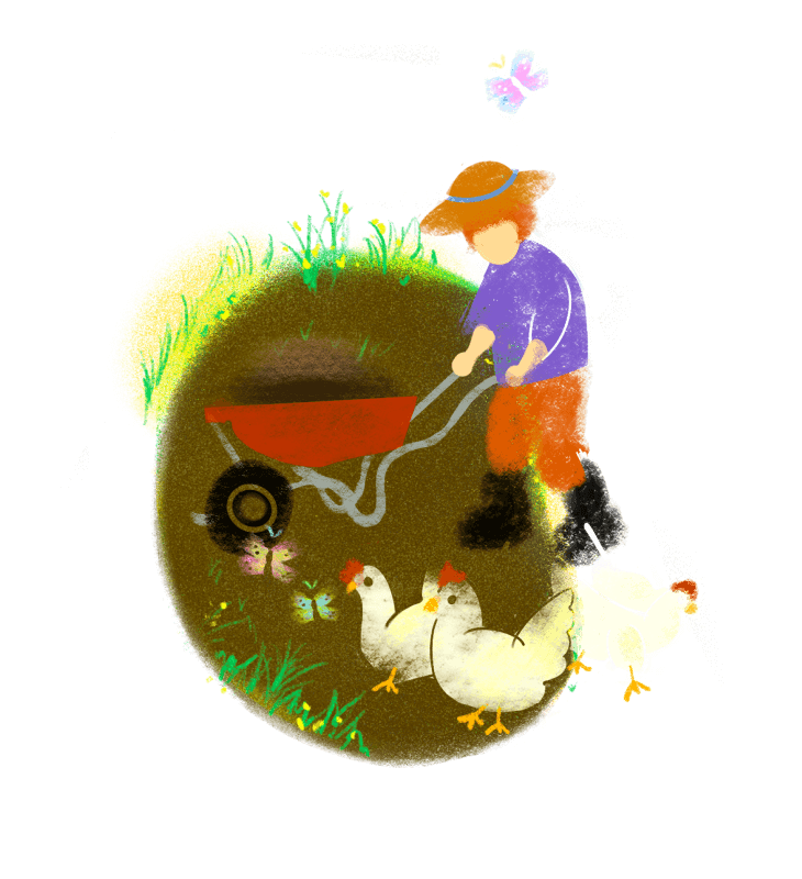 Colorful scene of a person in a purple shirt and orange hat pushing a wheelbarrow in a farmyard, surrounded by chickens pecking at the ground. The scene is lively with grass, a butterfly, and a vibrant outdoor setting.