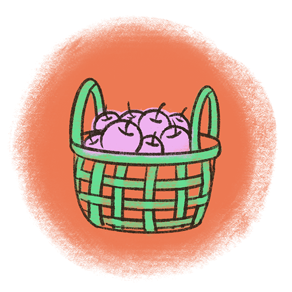 Illustration of a woven green basket filled with purple fruits, depicted against a vibrant orange background.