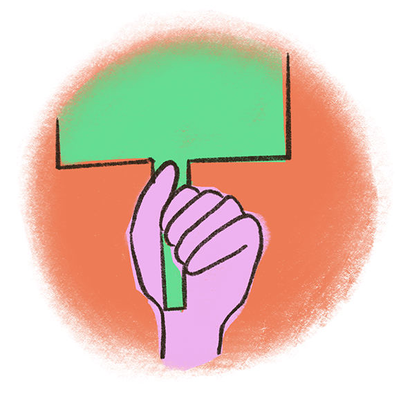 Illustration of a hand clutching a blank green sign with a stick handle, showcased against a vibrant orange background.