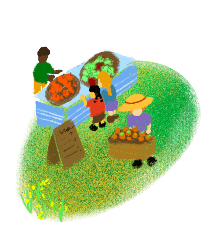 Illustration of a bustling outdoor market scene where vendors are selling fresh produce from colorful stands to customers.