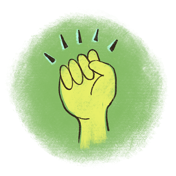 Image of a clenched fist surrounded by marks suggesting empowermen, set against a green background.