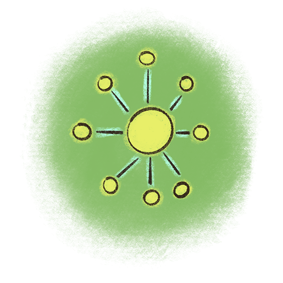 Illustration of a large circle connecting to smaller circles, suggesting connection and community.