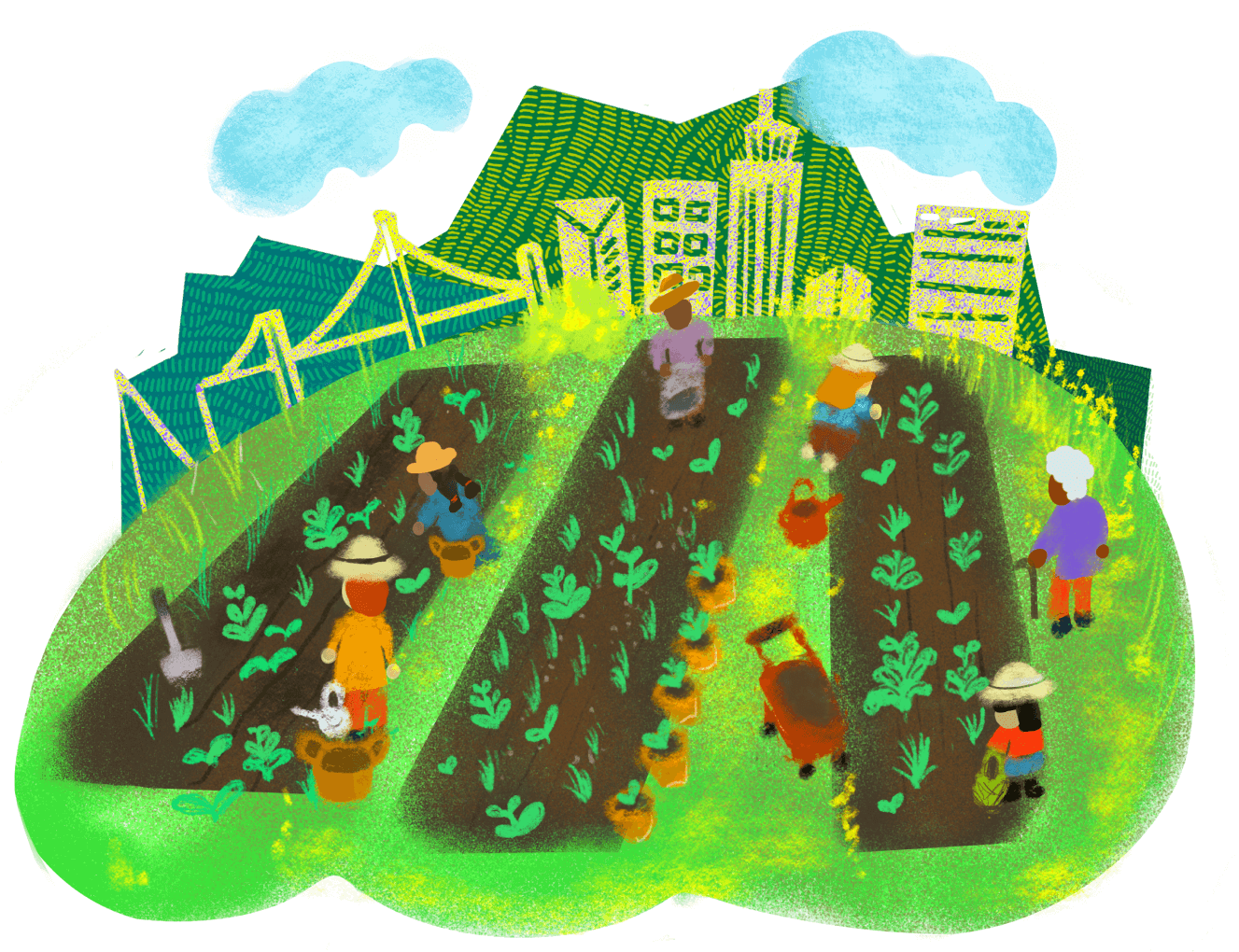 Illustration of a vibrant urban farming scene with people engaged in various gardening activities. The background features modern buildings, including skyscrapers and bridges. The garden is lush and organized into neat rows, with individuals of diverse ages and ethnicities tending to plants.