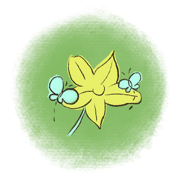 Image of a yellow flower with two blue butterflies hovering nearby, depicted on a green background.