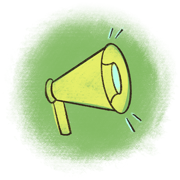 Illustration of a yellow megaphone emitting sound waves, symbolizing announcement or attention, against a green background.