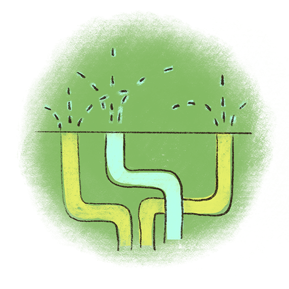 Ilustration showing a cross-section of soil with three intertwined pipes beneath, indicating underground systems or infrastructure, set against a green background.